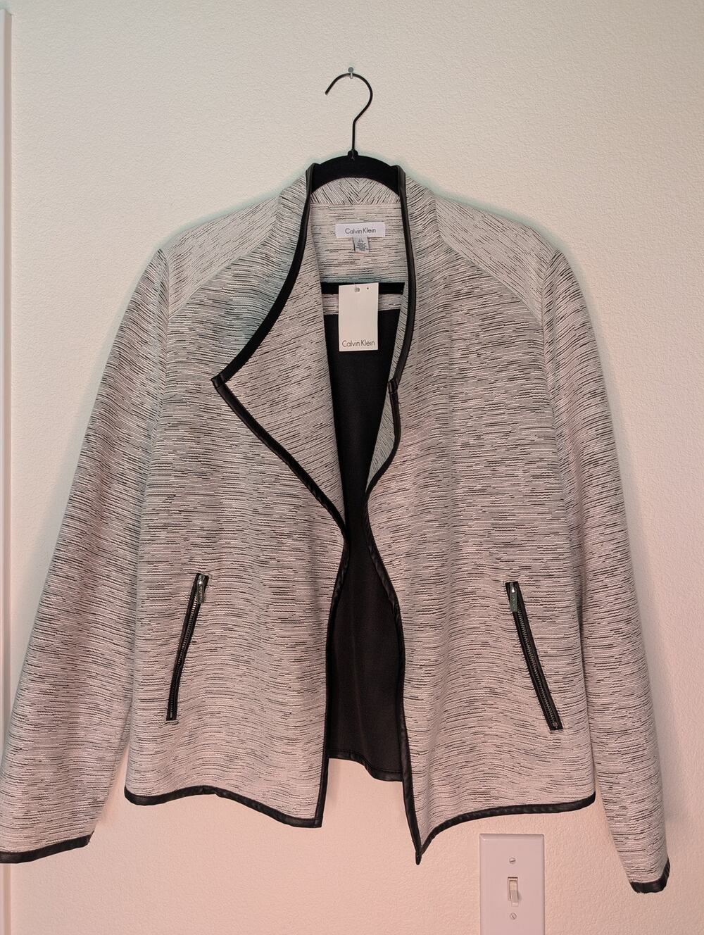 Calvin Klein NWT Open Front Knit Blazer L Leather Trim Chic Office Travel Classy